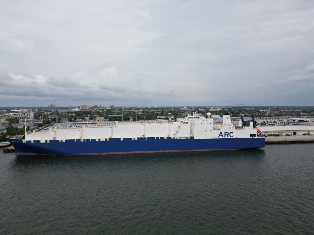 Cargo ship at an industrial harbor